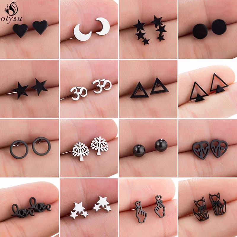 Mini orecchini in acciaio inossidabile per donna uomo punk nero geometrico stella luna triangolo cuore orecchini con perno regalo di gioielli per il corpo trafitto