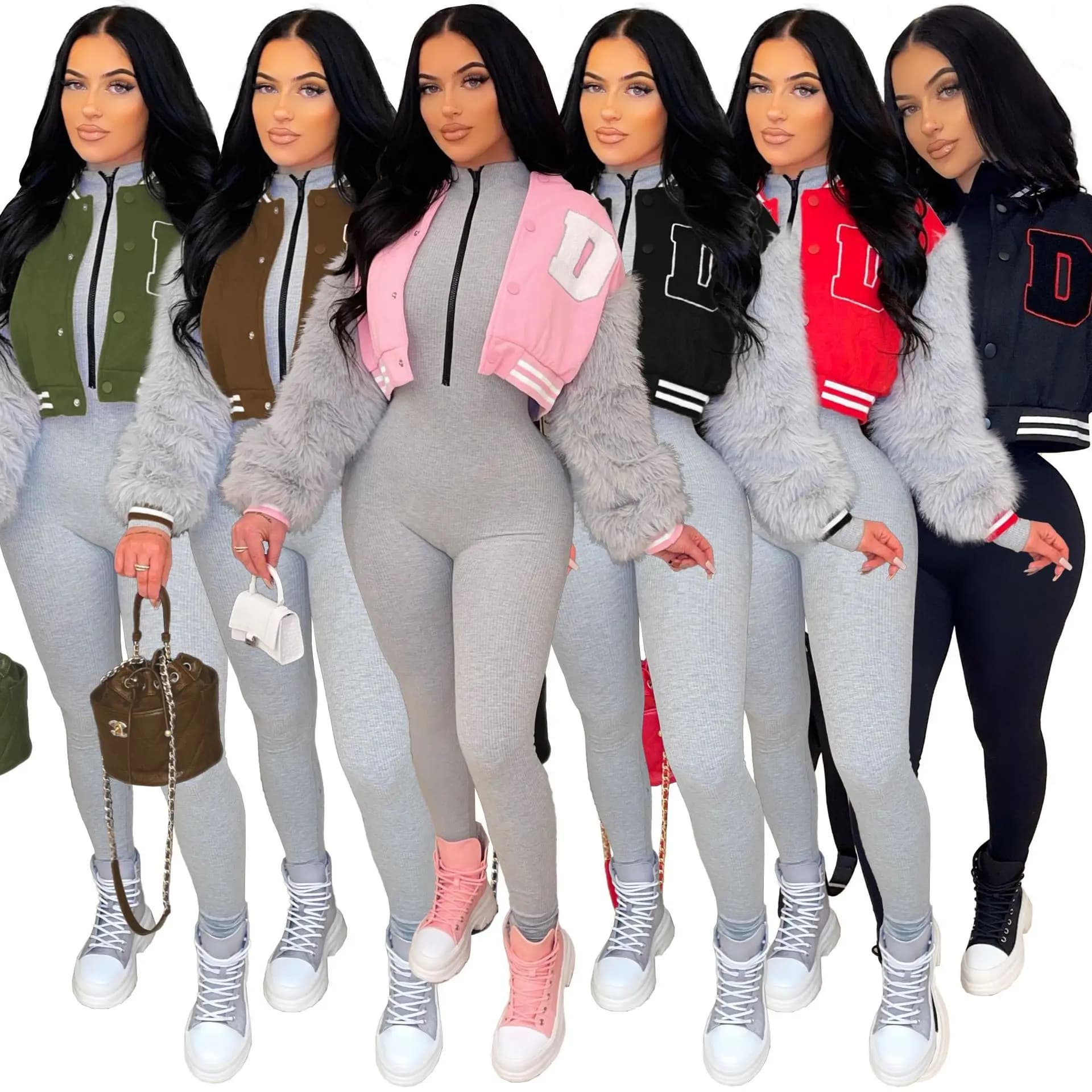 Giacca da baseball da donna con lettera patchwork a maniche lunghe in pelo finto cony per abbigliamento sportivo primaverile invernale streetwear