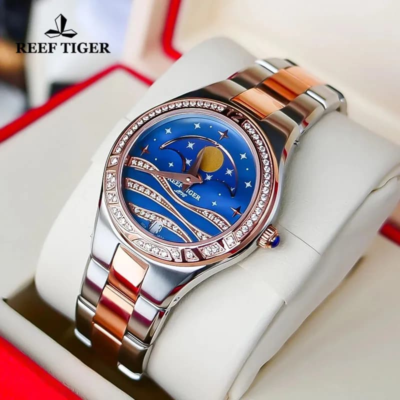 Reef Tiger/RT Orologio da polso da donna al quarzo di lusso Quadrante blu Orologio con fasi lunari Orologi in cristallo di zaffiro tono oro rosa