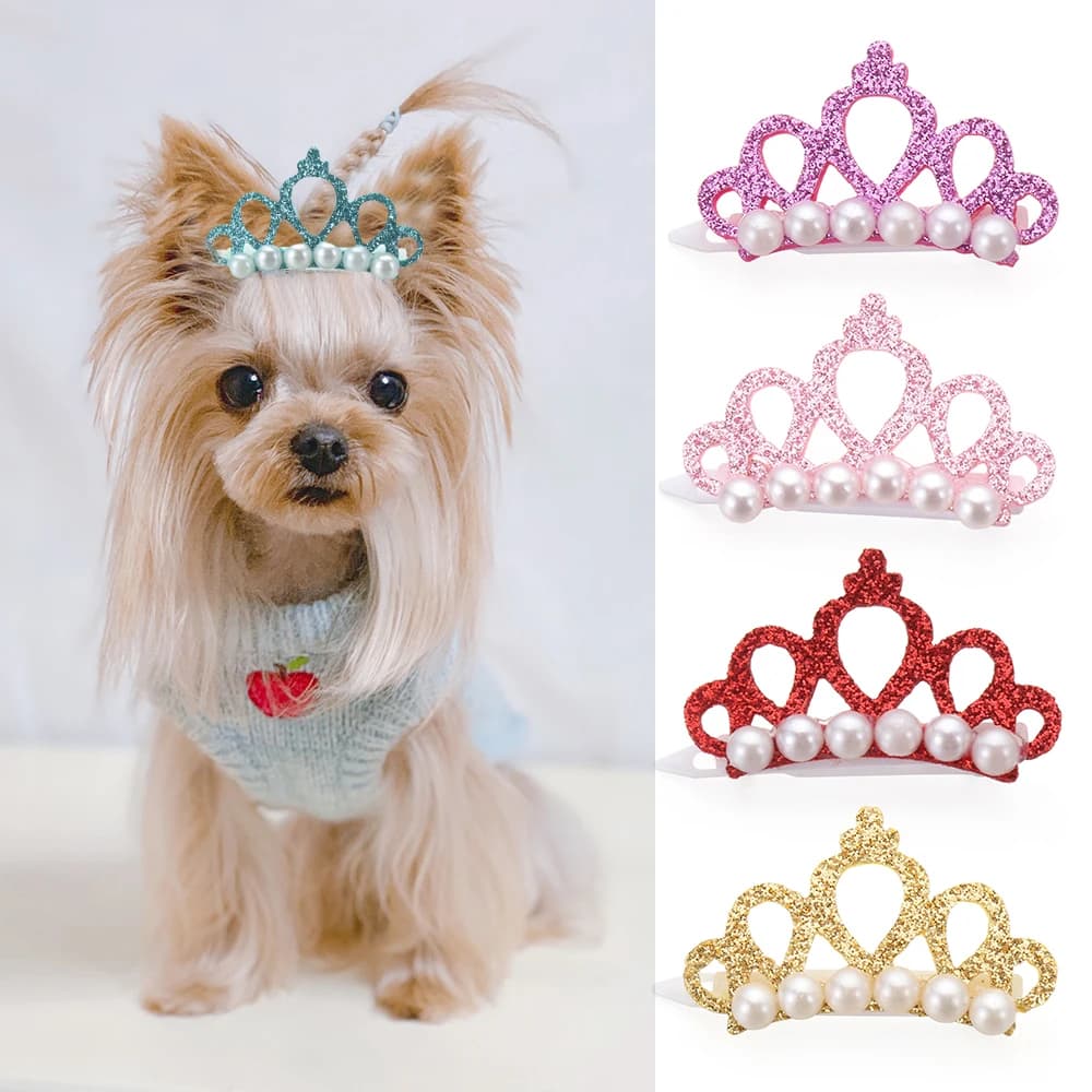 1 pz piccolo cane Bowknot finta perla a forma di corona archi fermagli per capelli fiocco carino decorazione testa fatti a mano gatto accessori per toelettatura animali domestici