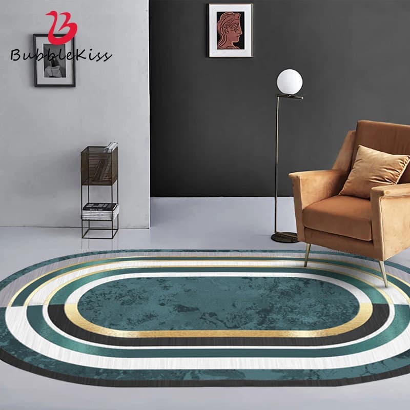 Bubble Kiss Light Luxury Oval Area Rug for Living Room Green Gold Line Pattern Sofa Beside Decor Carpet Non-slip Bedroom Mats