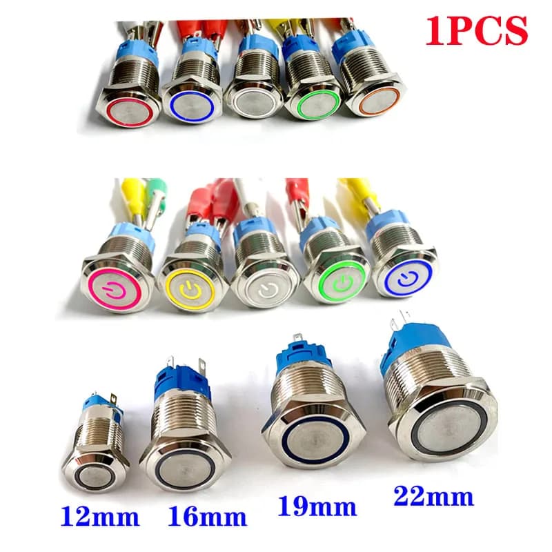 12mm 16mm 19mm 22mm Interruttore a pulsante in metallo Testa piatta 1NO1NC Start Stop LED Luce Rosso giallo Blu Verde Bianco 3v 12v 24v 110v