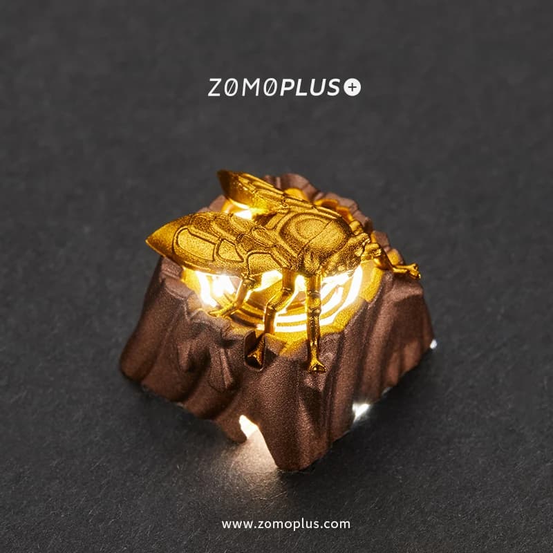 ZOMO Mythic Cicada Keycap: 3D CNC Gold Plated Sculpture, tree strain base with annual annular light, handcrafted metal cover with MX stem