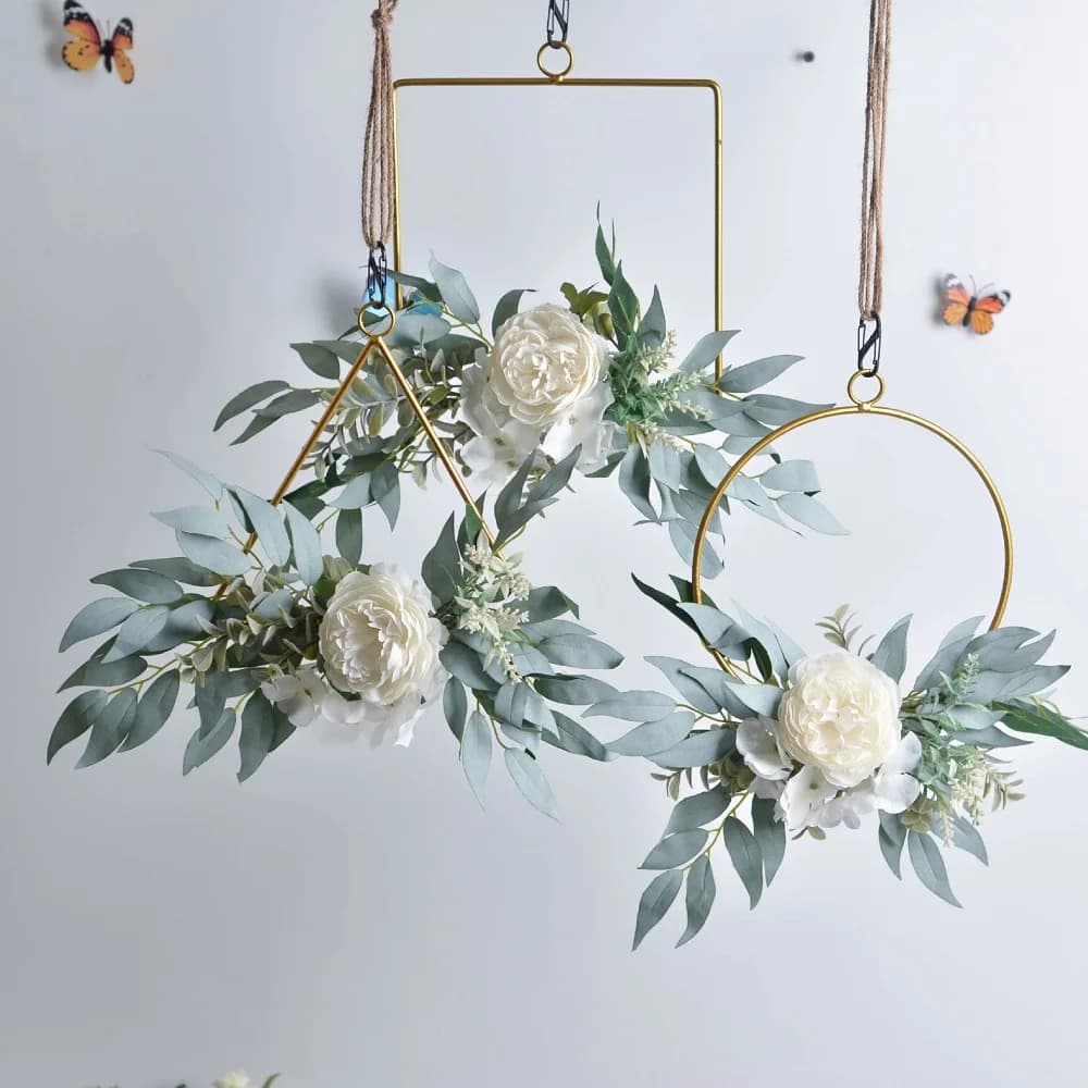 Metal Iron Ring Peony Flower Decor Garland Wedding Decoration Wreath Catcher Dream Flowers Hoop Golden Circle Wall Hanging Decor