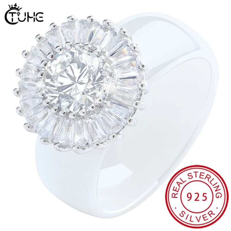 100% S925 Sterling Silver Elegant Women Dazzling Flower Ring CZ Zircon Anniversary Ring Healthy Ceramic Rings Wedding Engagement