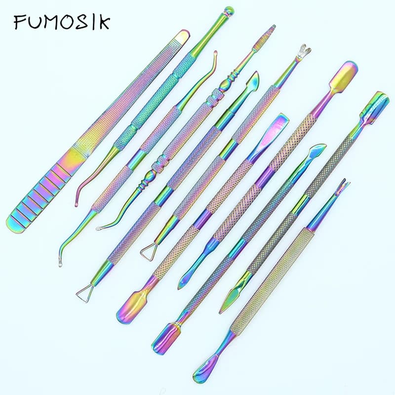 21 stile arcobaleno in acciaio inossidabile spingipelle per unghie pinzette lime per nail art smalto gel UV rimuovi manicure cura scanalatura strumento pulito