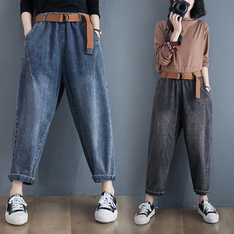 Jeans casual larghi a gamba larga da donna blu nero fidanzato Harem mamma jeans cintura elastica in vita pantaloni in denim streetwear pantaloni larghi