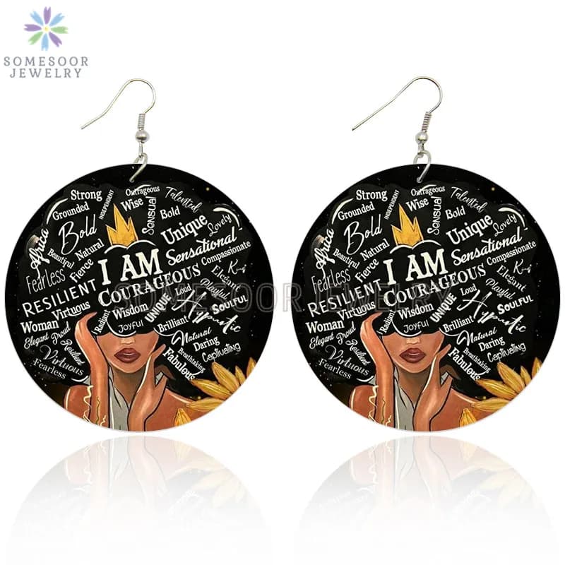 SOMESOOR I AM Leo Queen Stylish Wooden Drop Earrings Soulful Courageous Melanin Sayings Printed Dangle Jewelry For Women Gifts