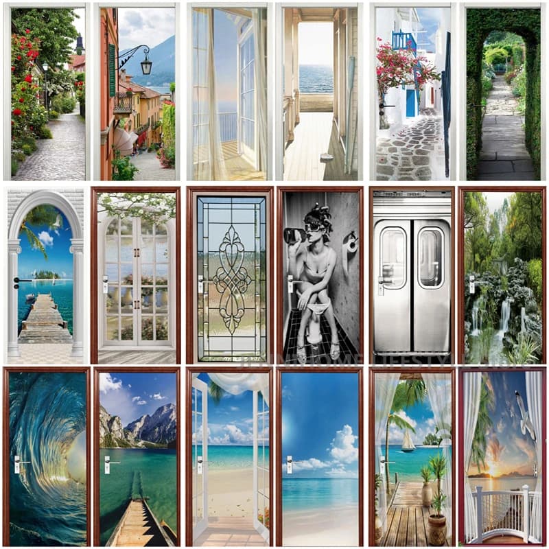 Adesivi per porte paesaggio 3D Vinilos rimovibili Para Puertas carta da parati adesiva murales donna Sexy per porte decorazioni per la casa moderne in PVC