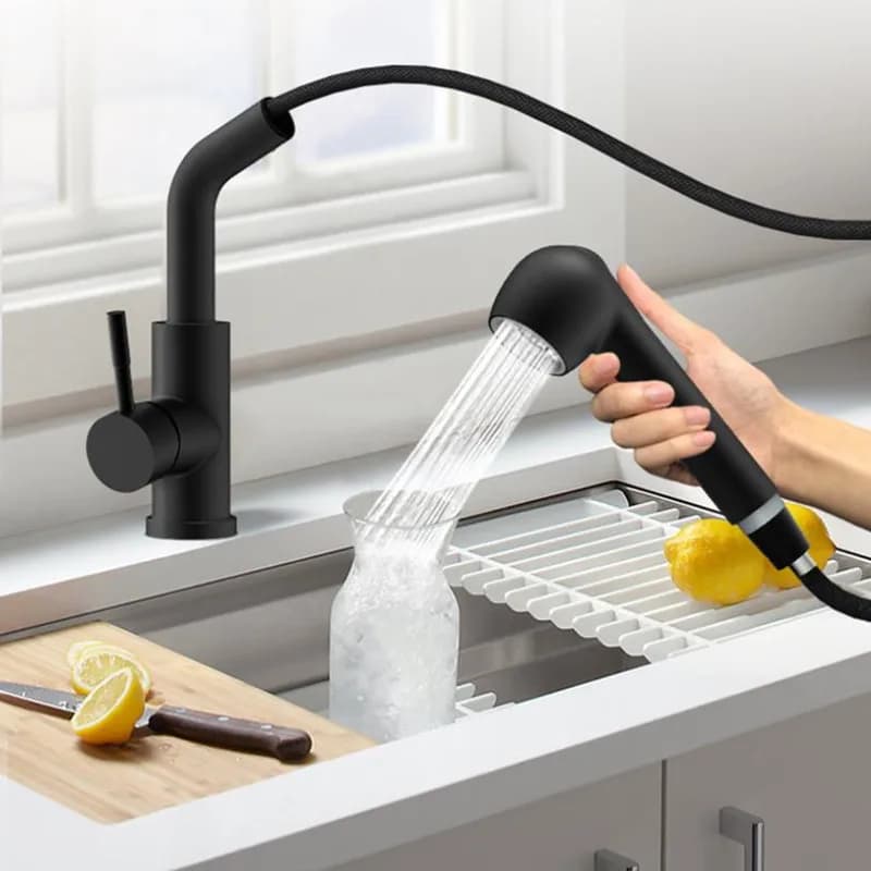Rubinetto da cucina estraibile girevole a 360 gradi montato sul piano con spruzzatore a flusso - Miscelatore da cucina moderno per bagno e cucina