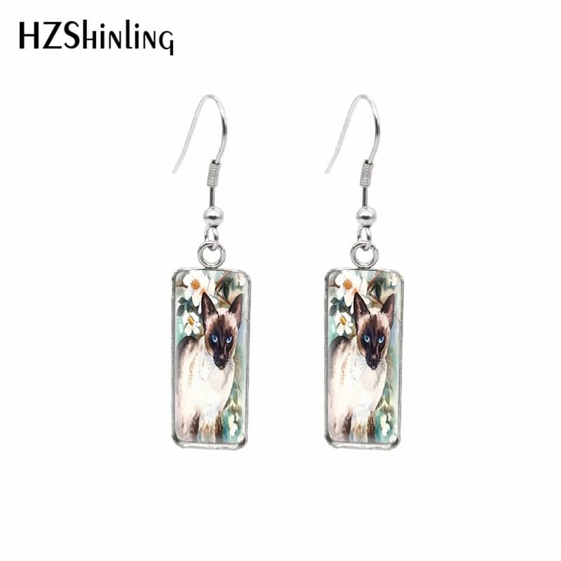 2021 New Siamese Cat Rectangular Earring Lovely Cats Painting Fish Hook Earrings Glass Cabochon Handmade Jewelry