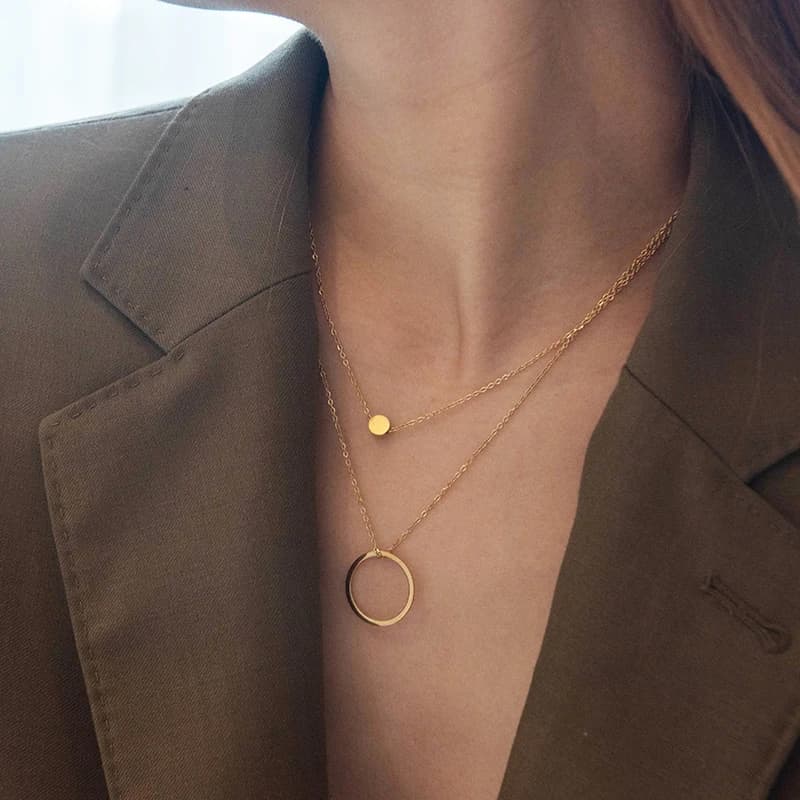 Women Fashion Circle Pendant Necklace 2 Layers Stainless Steel Chain Gold Plated Elegant Clavicle Sweater Necklaces Jewelry