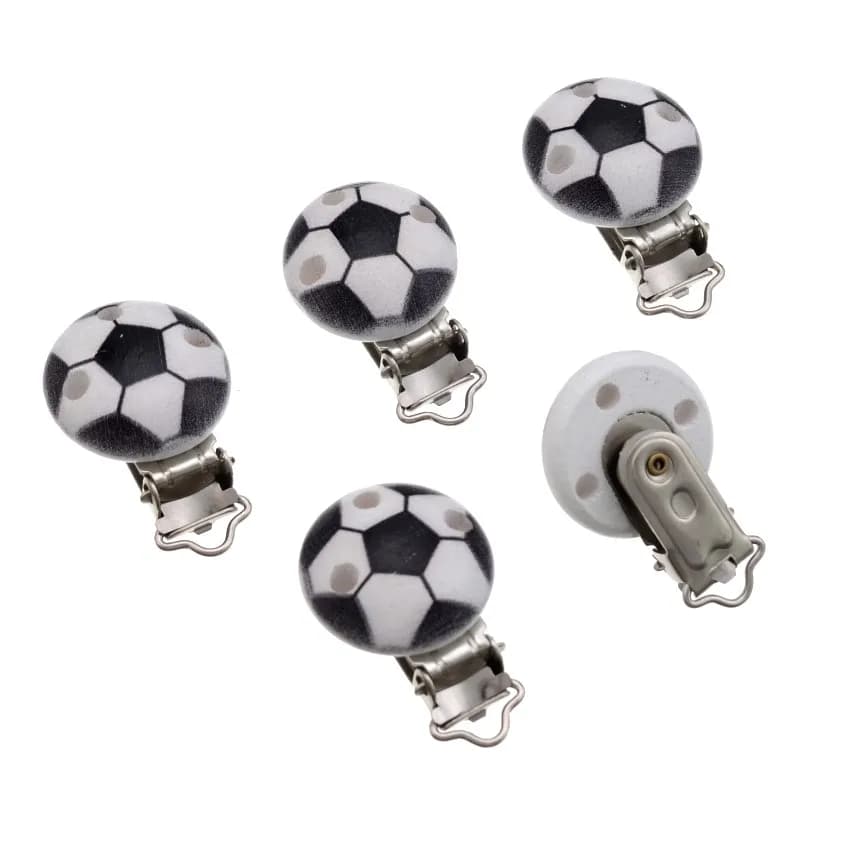 5 pezzi clip per ciuccio in legno per bambini supporti metallici per calcio fermagli per succhietto per neonati carini accessori divertenti 4.8 * 2.9 cm
