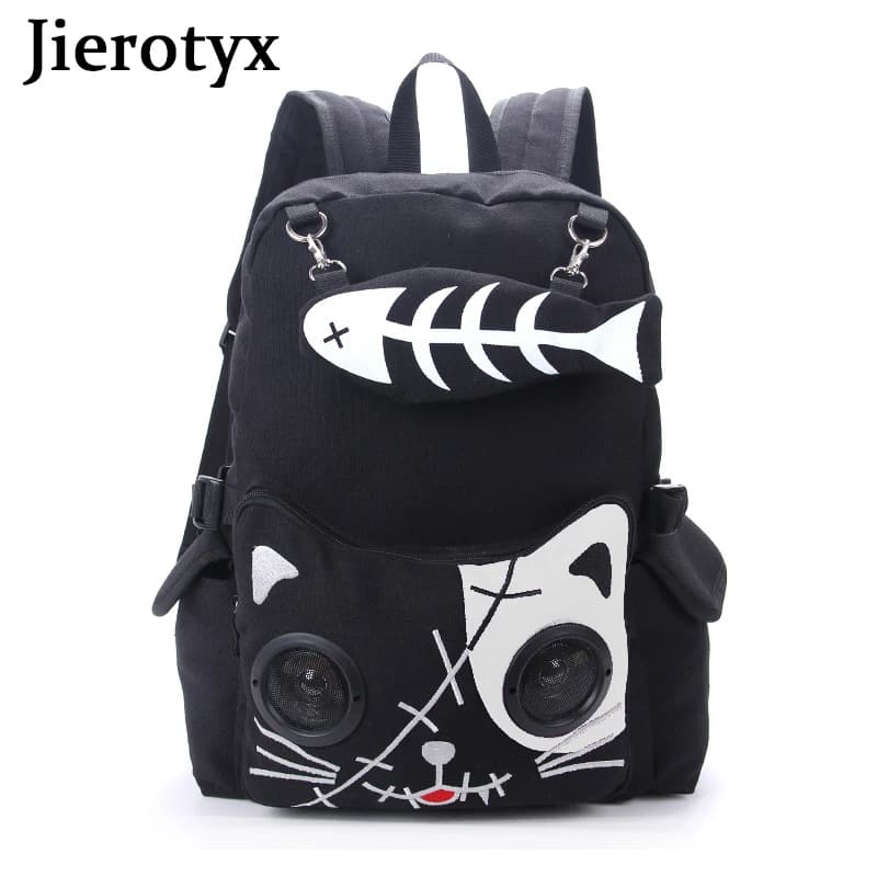 Jierotix borse per altoparlanti da donna zaino per animali gatto zaino gotico Plug Play Fish Bone Girls zaino regalo tela donna Bluetooth