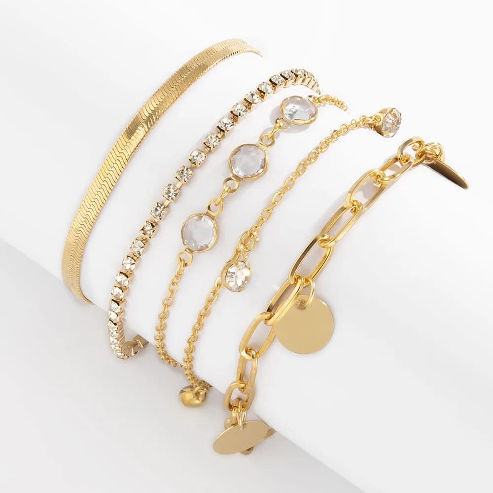 Set di braccialetti con ciondolo con paillettes e strass con catena piatta Boho in osso di serpente, set di bracciali alla moda geometrici da donna, combinazione di gioielli per ragazza