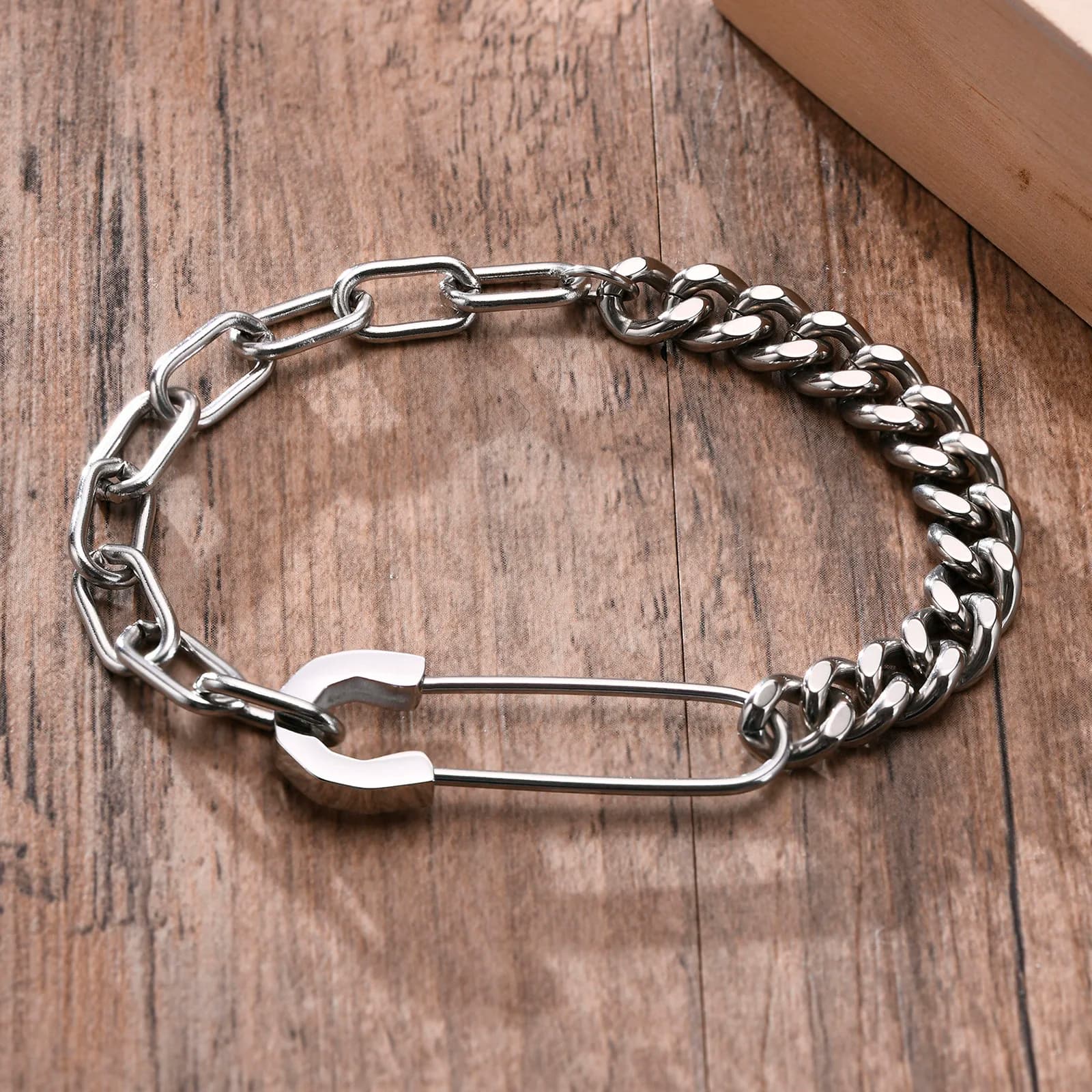 Bracciale da uomo, acciaio inossidabile, spilla di sicurezza con mezza catena cubana, bracciali a maglie semicircolari di gioielli da uomo
