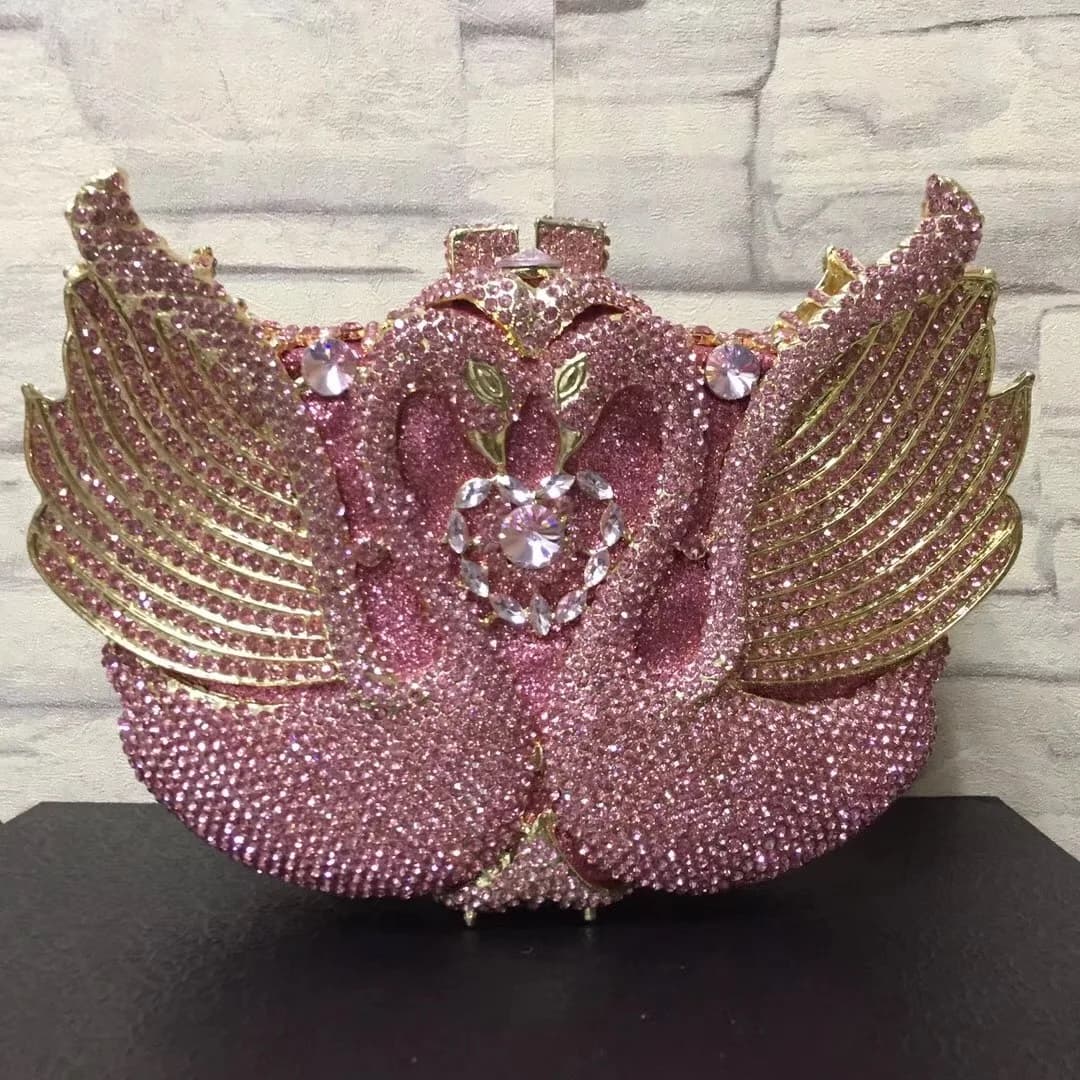 Pink evening pouch/silver swan with dazzling rhinestones diamonds women's bag lunch bags for banquets gala cocktail bags in crystal