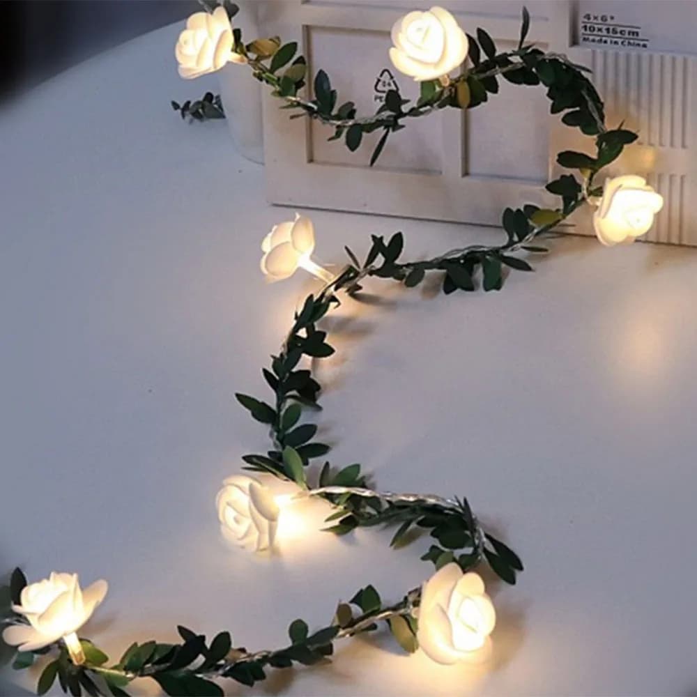 Rose Flower Vine String luci a LED decorazione ghirlanda di foglie verdi batteria/USB/energia solare 3m 5m 10m luci bianche calde