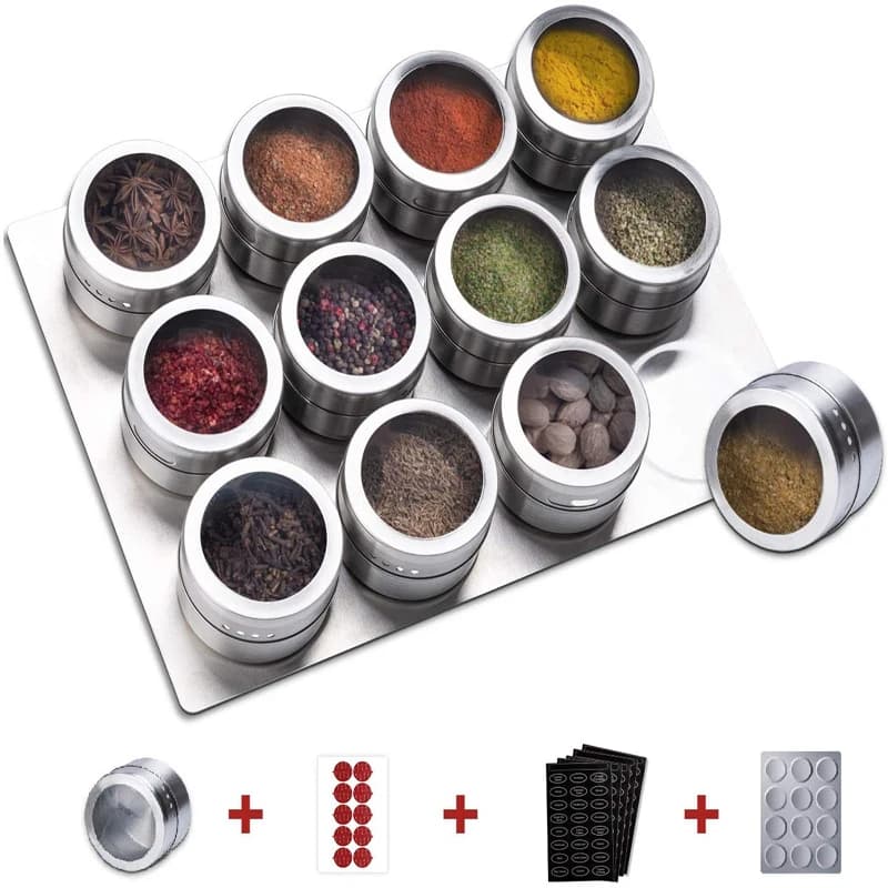 Set di barattoli di spezie magnetici con etichette adesive RU/EN Base in acciaio inossidabile Contenitore per condimenti Organizzatore Spray per condimenti al pepe Tin