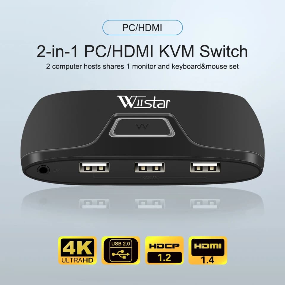 2-Port 4k HDMI KVM Switch 2x1 2 in 1 out with 3 Port USB Hub Shared Controller Splitter for PC Printer Keyboard Mouse Computer