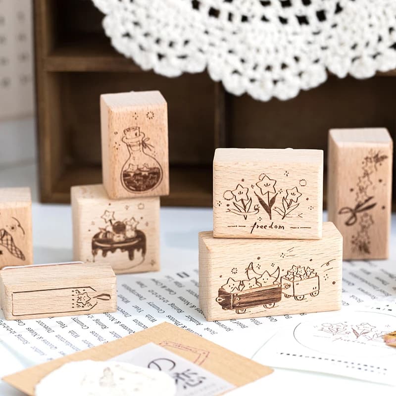 Yoofun 9pcs/set Star River Wood Stamps Standard Rubber Kawaii Stamp Seals for DIY Scrapbooking Journal Card Making Decor Crafts