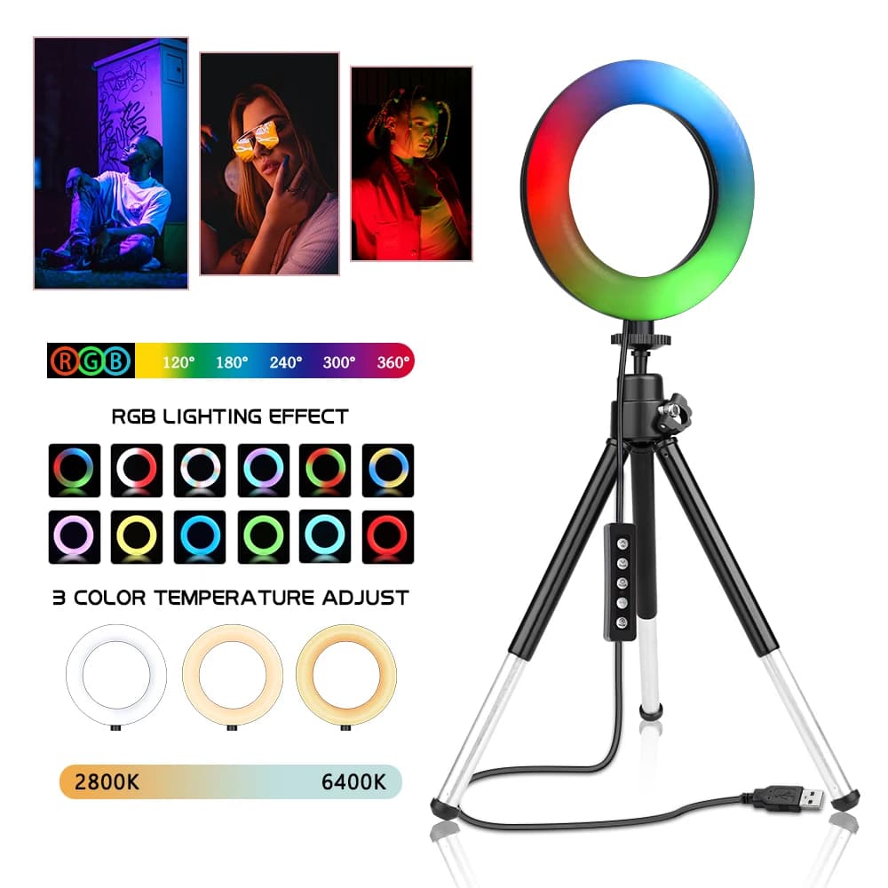 Lampada ad anello per fotografia a LED RGB da 6 pollici con treppiede per supporto per telefono streaming Live/trucco/Video YouTube