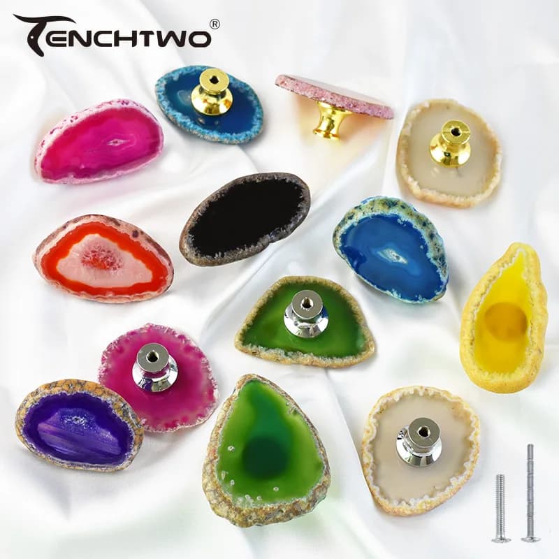 TENCHTWO Agata naturale Pietra originale Cristallo Oro Maniglie per porte Per mobili Cucina Guardaroba Manopole per cassetti Scarpiera Tira