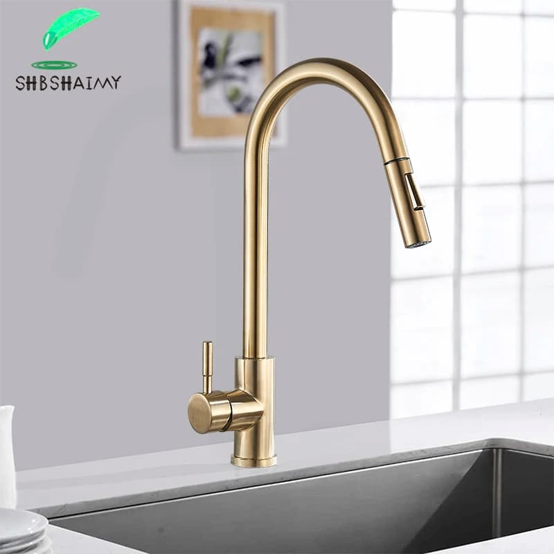 SHBSHAIMY Rubinetti da cucina in nichel oro Rubinetti per lavello con montaggio su piano in acciaio inossidabile con spruzzatore a flusso nero spazzolato
