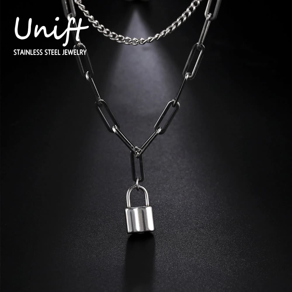 Unift Collana da uomo con ciondolo a lucchetto estetico collana con graffetta in acciaio inossidabile catena con collo a strati Punk Hip-Hop gioielli da donna all'ingrosso