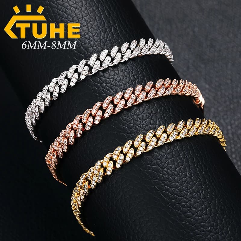 Bracciale a Catena Cubana Miami 6mm 8mm per Uomo e Donna, Gioielli Hip Hop con Zirconia Cubica 5A
