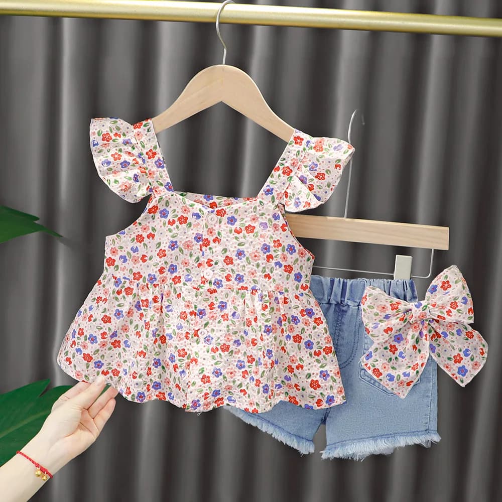 2021 Newborn baby Girl summer clothes outfit set camicia a fascia floreale bow denim shorts suit per 1 anno baby girl birthday sets