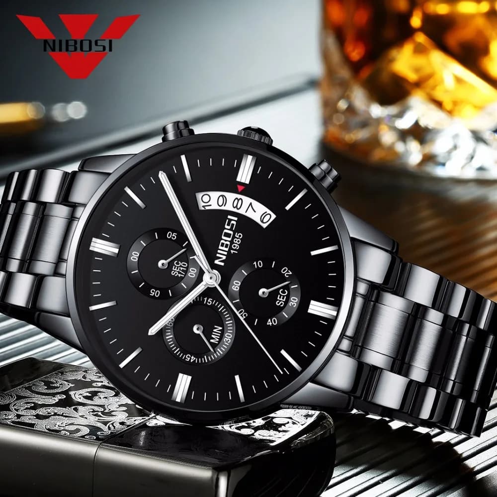 NIBOSI Stainless Steel Black Quartz Watch Men's Chronograph Luxury Brands Men's Watch Relogio Masculino 2309
