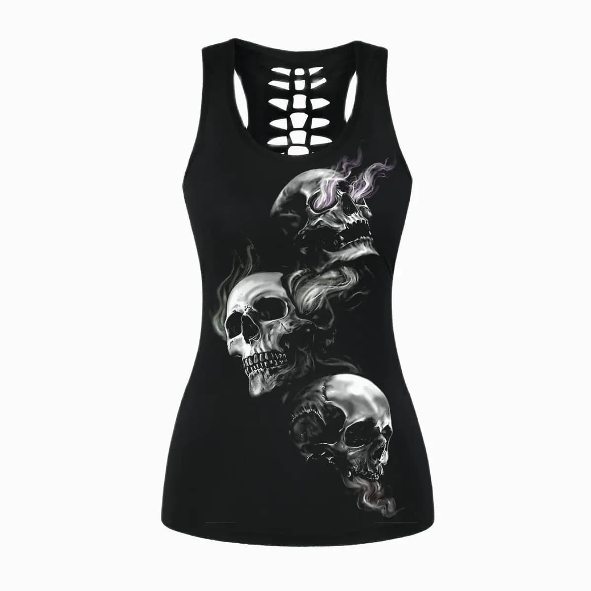 [Sei Il Mio Segreto] di Estate Hollow Top Delle Donne Del Cranio Della Maglia Gothic Scava Fuori Il Carro Armato Top Punk Femminile Della Maglia sexy Abbigliamento Elastico