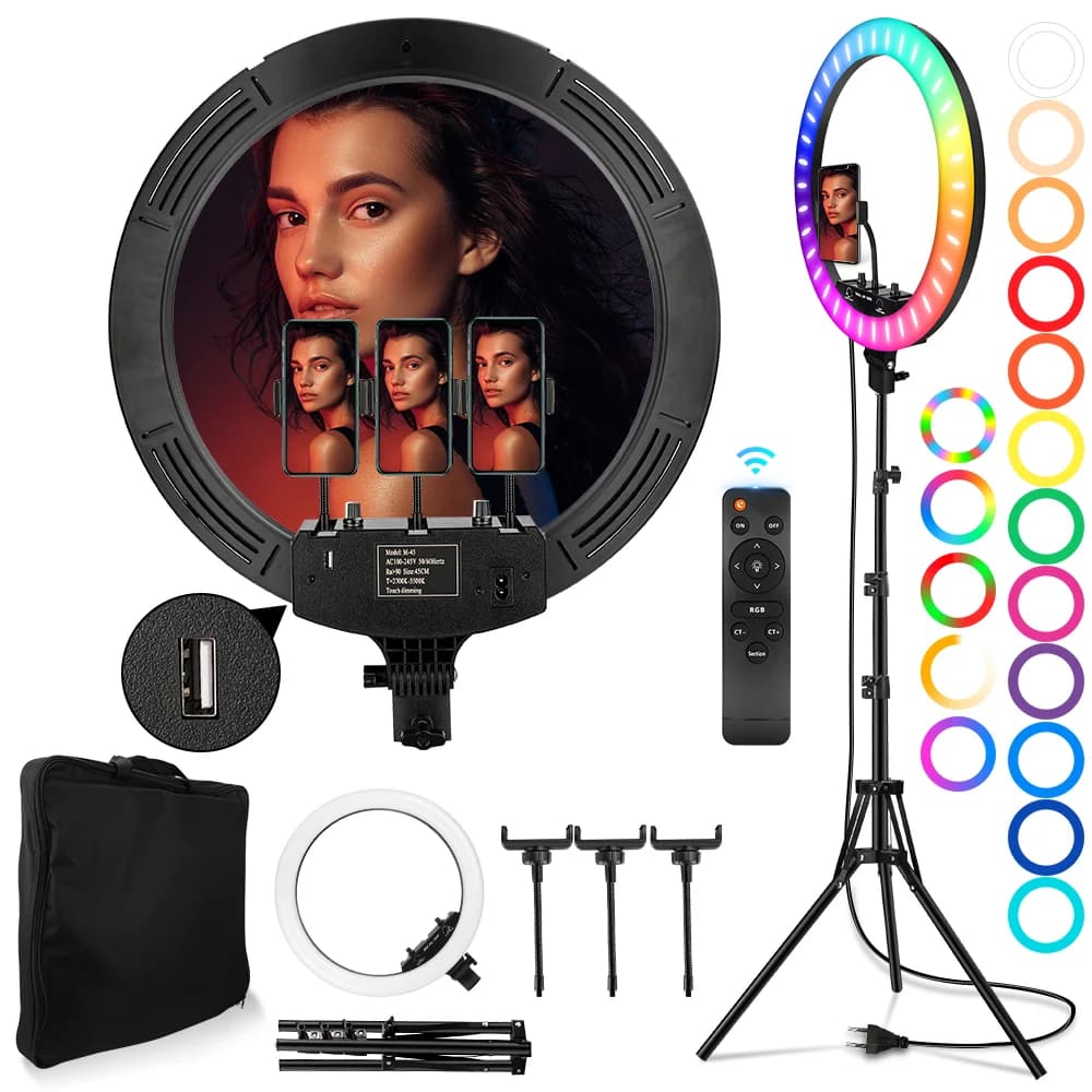 18 pollici RGB Ring Light 50W fotografia anello lampada con treppiede telecomando 45cm LED luce di riempimento dimmerabile Selfie illuminazione Live per telefono