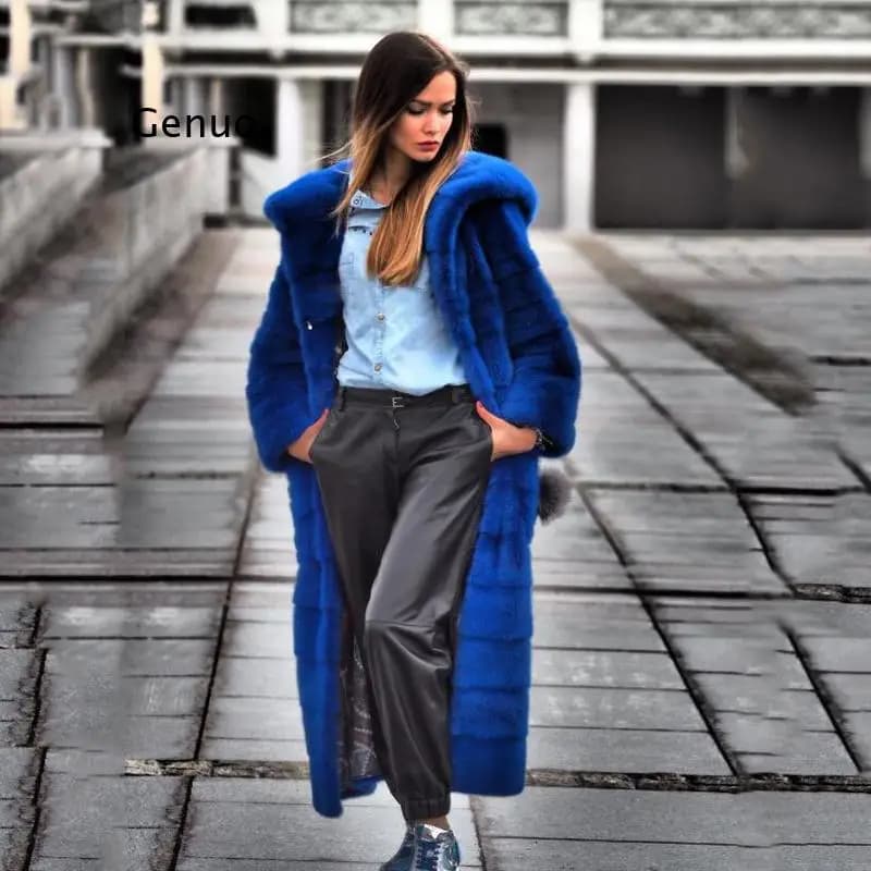 Cappotti di pelliccia di visone ecologici lunghi 120cm con cappuccio grande moda lusso nuovo cappotto di pelliccia di visone manica lunga blu reale capispalla donna