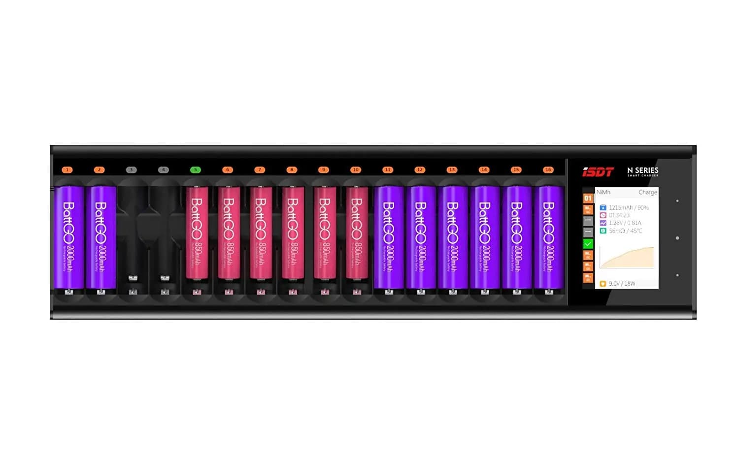 ISDT N16 36W 1.5A 16 slot LCD AA/AAA caricabatteria rapido per LiIon LiHv Life NiMh Nicd Nizn