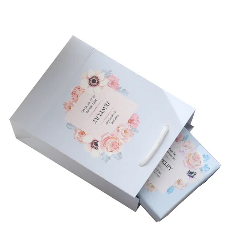12Pcs Paper Jewelry Packaging Box Light Blue With Flower Printing Paper Earrings Pendant Rings Multi Size Packaging Boxes Bags