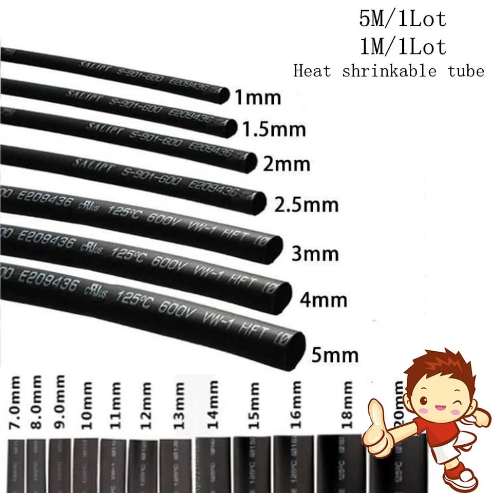 5 METRI/LOTTO NERO 1mm 1.5mm 2mm 2.5mm 3mm 3.5mm 4mm 5mm 6mm Tubo Termoretraibile