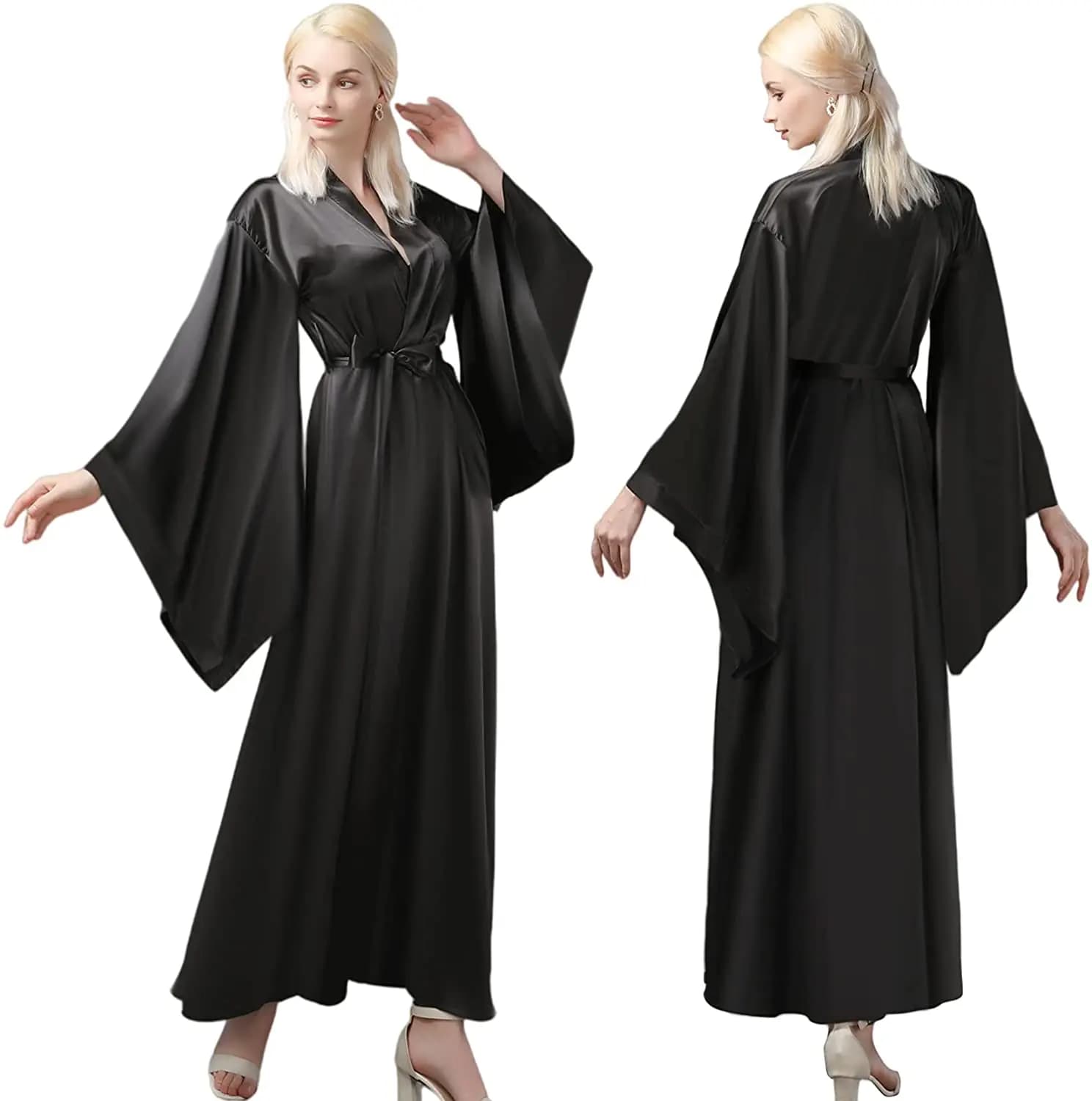 Abito da donna in seta nera manica lunga camicia da notte Sexy con scollo a V volant indumenti da notte in raso di seta accappatoio pigiama Prom damigella d'onore Shawel