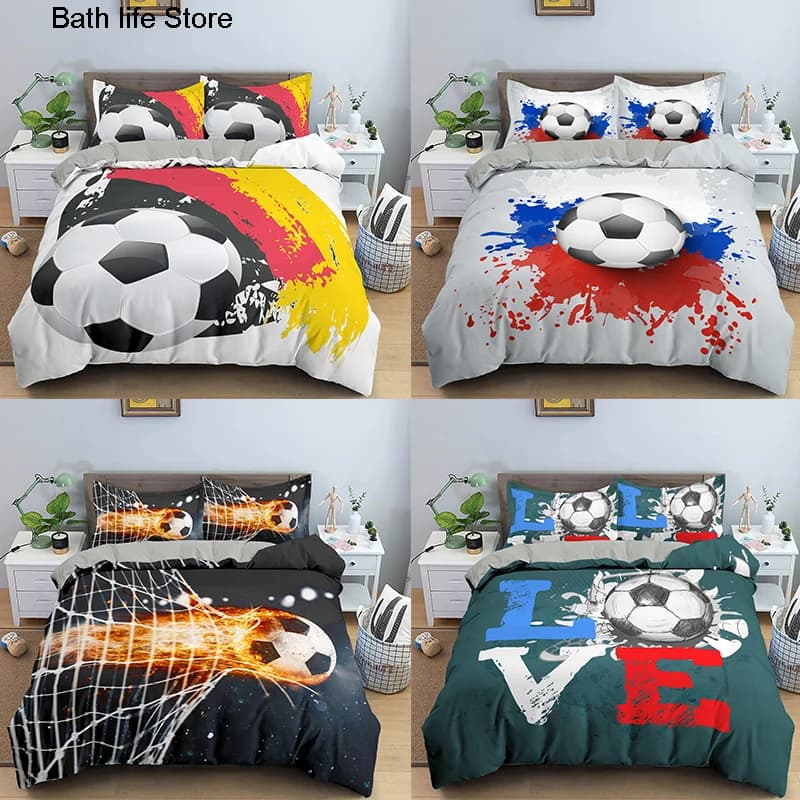 Set biancheria da letto stampata in 3D Set copripiumino da calcio Queen Size Pallone da calcio Piumino sportivo 1/2 federe Set biancheria da letto per ragazzi