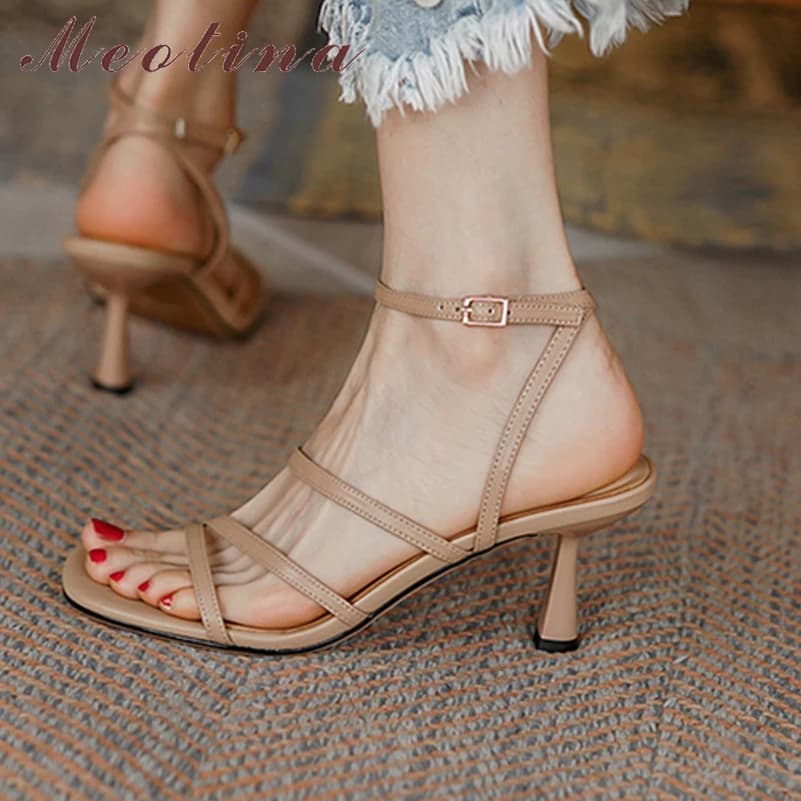 Meotina women's shoes sandals with ankle strap square heels high thin strap with buckle tight strap women's shoes summer Beige 40