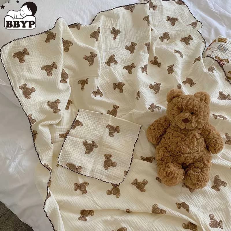 2 pcs children's muslin 2 layers wrapped loop blanket new fashion bear print spring summer baby blanket
