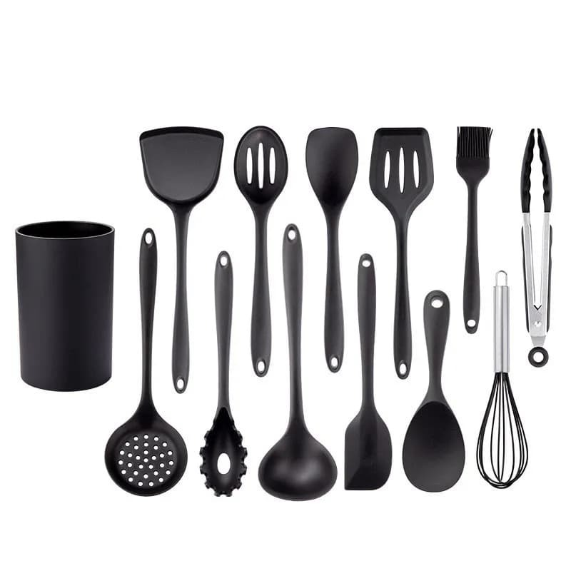 Set of kitchen utensils in Silicone Black Set of non-stick oven tools kitchen utensils slit spatula spoon food pliers Cooking kit