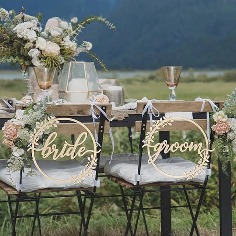 Wooden Wedding Chair Signs for Bride and Groom Wedding Chairs, Hexagon Calligraphy Wooden Hanging Signs Set