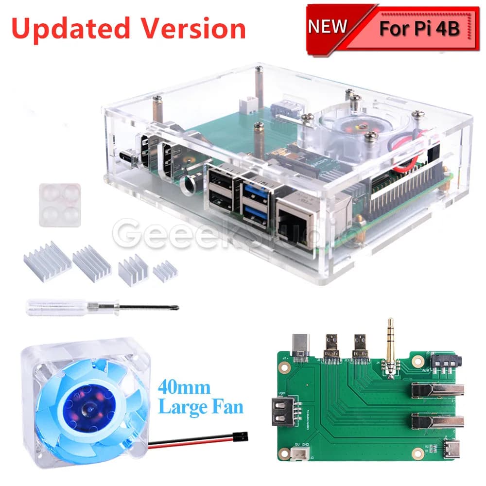 Acrylic Kit Set-top Box Raspberry Pi with LED Light Cooling Fan Blue 4010 and Aluminum Heat Sink for RPI 4 Model B
