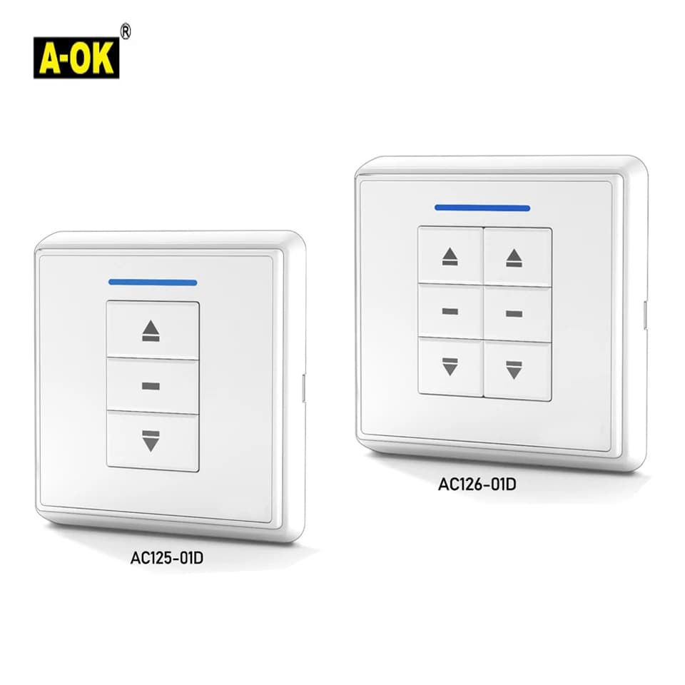 A-OK AC125-01/AC126-01 Pannello interruttori a parete singolo/doppio, controller a parete remoto wireless per motore per tende/motore a tubo A-OK RF433