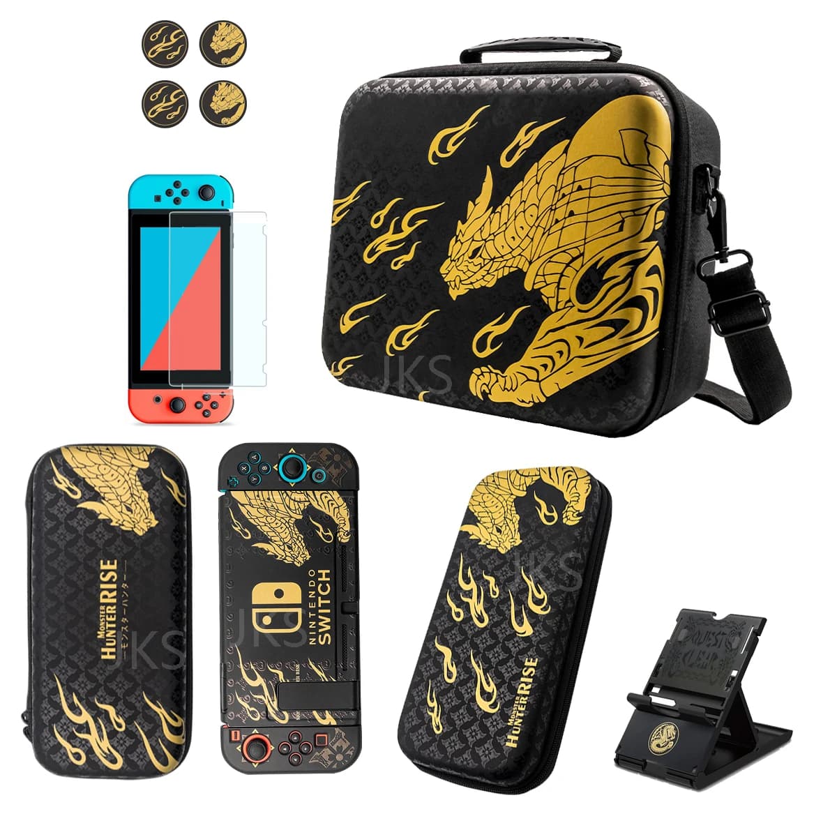 Monster Hunter RISE custodia custodia rigida custodia da viaggio custodia per pollice presa per pollice pellicola in vetro temperato per Nintendo Switch