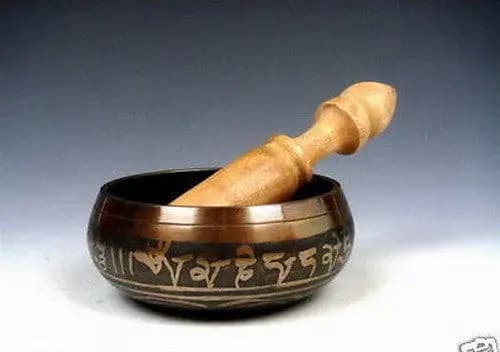 9.5 cm ASIAN TIBETAN COPPER GOLD-PLATING SINGING BOWL Brown hand hammered Mallet Antique Garden Decoration Silver Brass