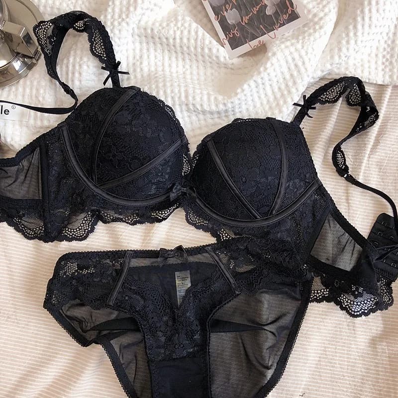 Set reggiseno push up francese con ricamo in pizzo sexy Set intimo da donna senza ferretto Classico fasciatura nera Addensare tazza invernale Mutandine Lingerie