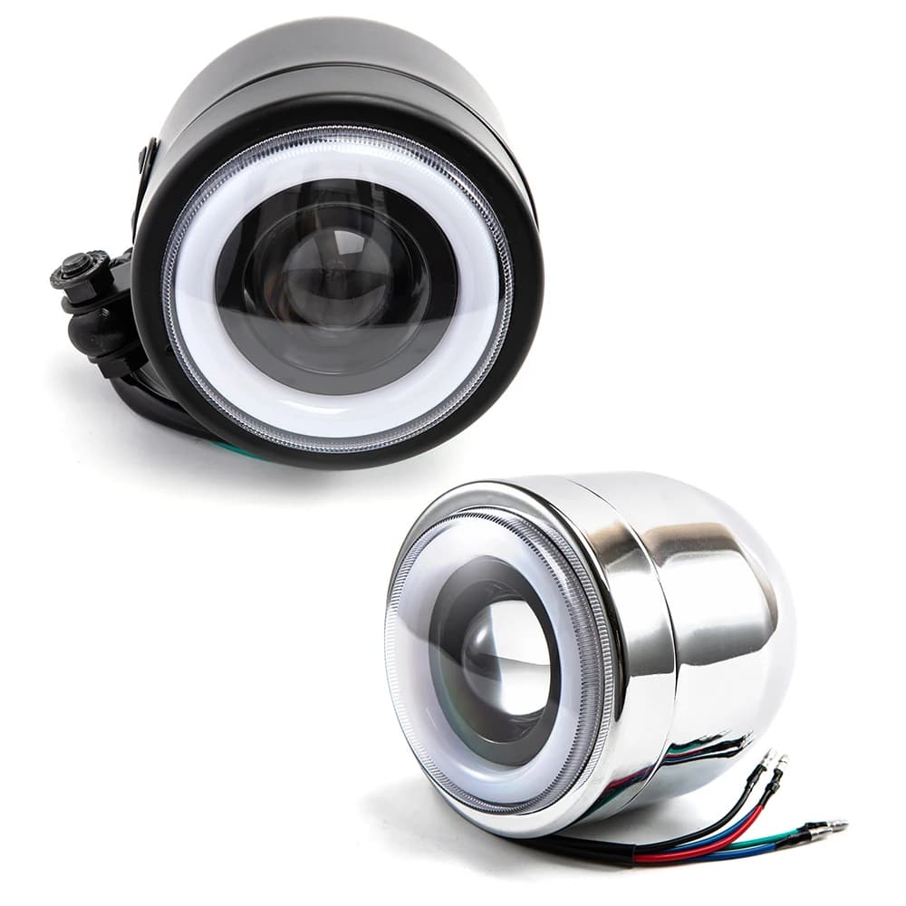Moto Chrome/Black Metal Retro LED che passa il faro di guida fendinebbia per Harley Cafe Racer Bobber Chopper Custom